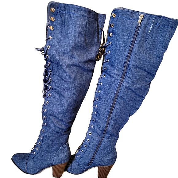 ⭐️2 SIZES LEFT - DARK DENIM LACE-UP KNEE HIGH BOOTS-NIB - Picture 3 of 6